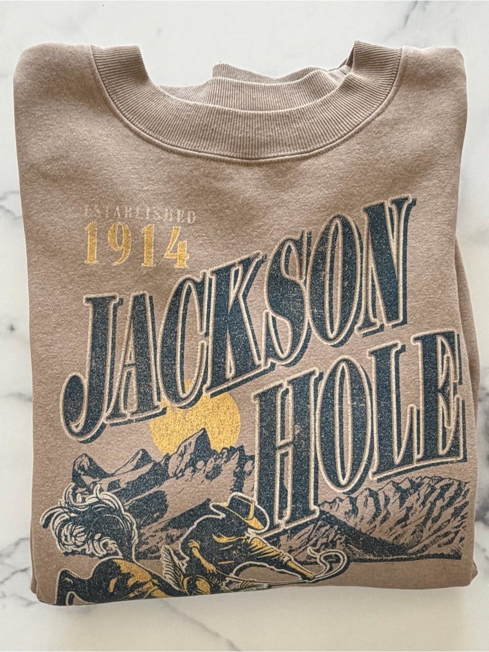 State of Mind Jackson Hole Graphic Sweatshirt - Tan with Navy & Gold Print